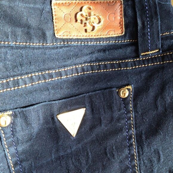 GOLD Premium Guess denim mini skirt dark blue gold sexy low rise in size 28 - Picture 11 of 16